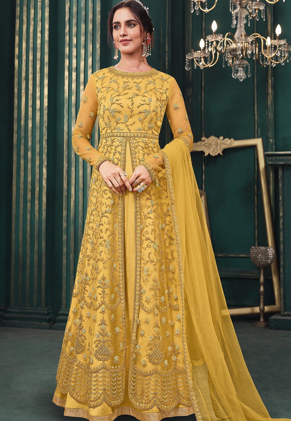 Yellow Maxi Style Anarkali Dress In Net / Shop at -  http://www.gravity-fashion.com/yellow-maxi-style-an… | Party wear dresses,  Anarkali dress, Salwar kameez designs