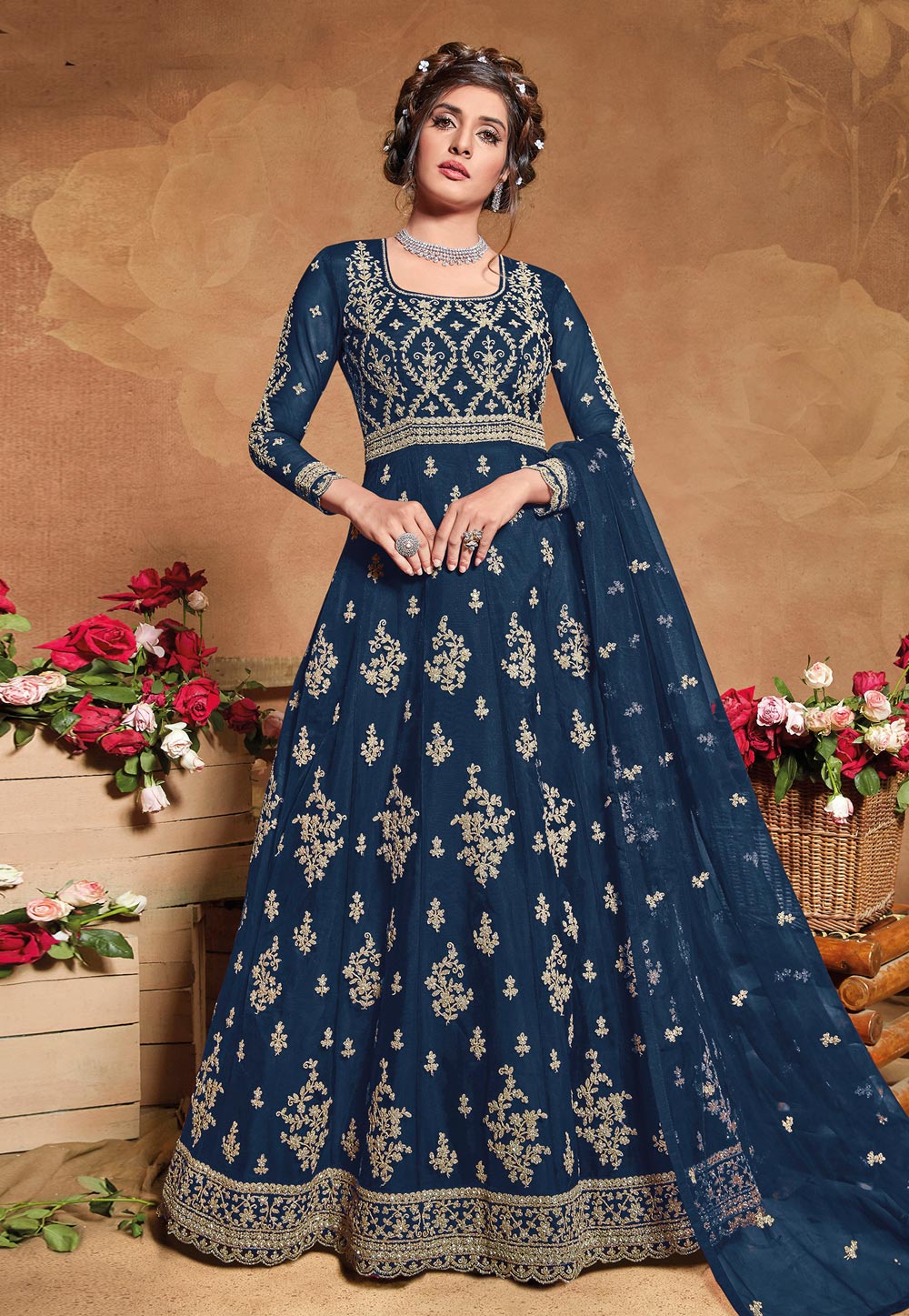 Blue Anarkali Salwar Kameez Indian Wedding Party Wear Embroidery long dress suit 