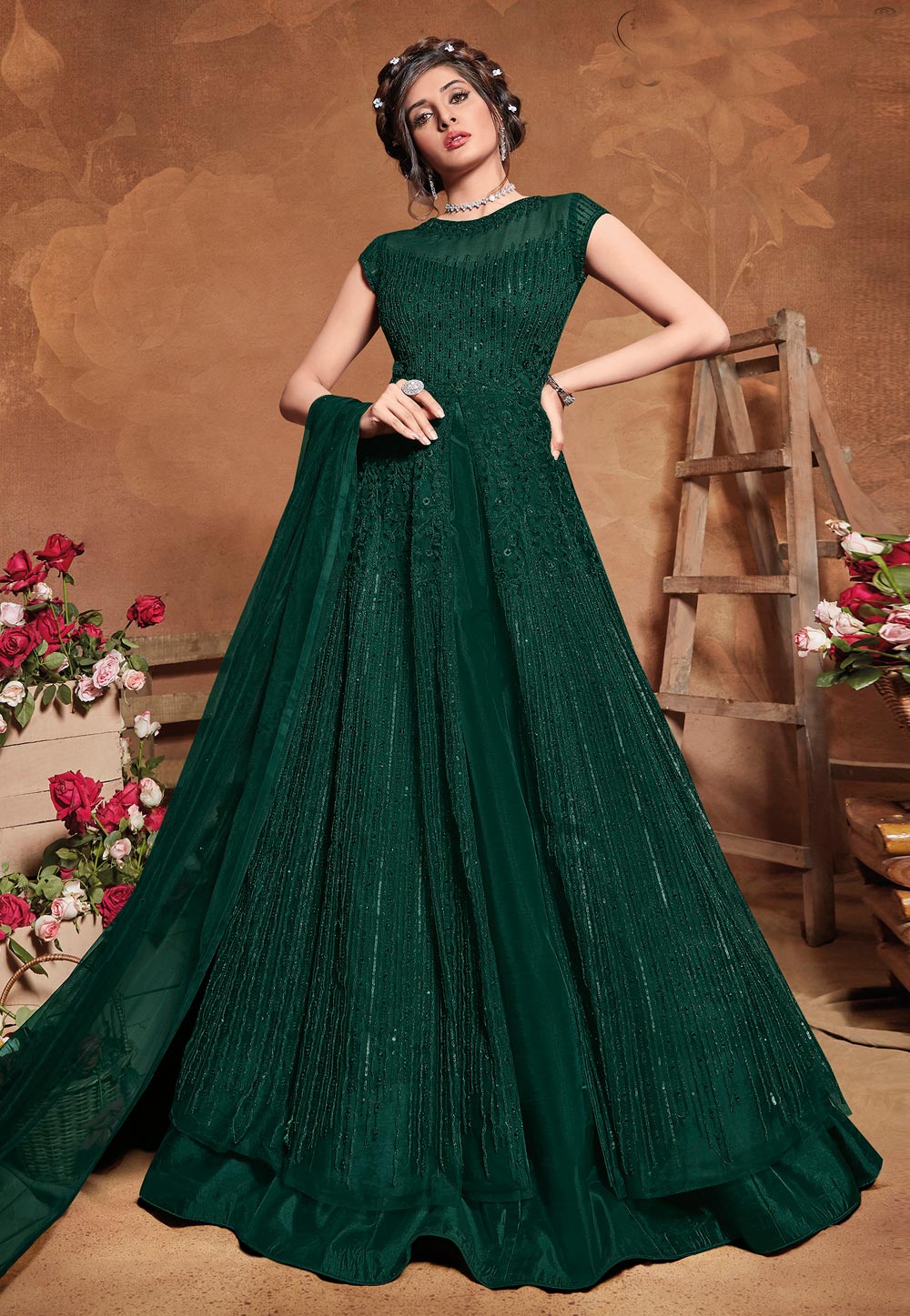 Dark Green Embroidered Anarkali Gown | Long anarkali gown, Anarkali gown,  Party wear dresses