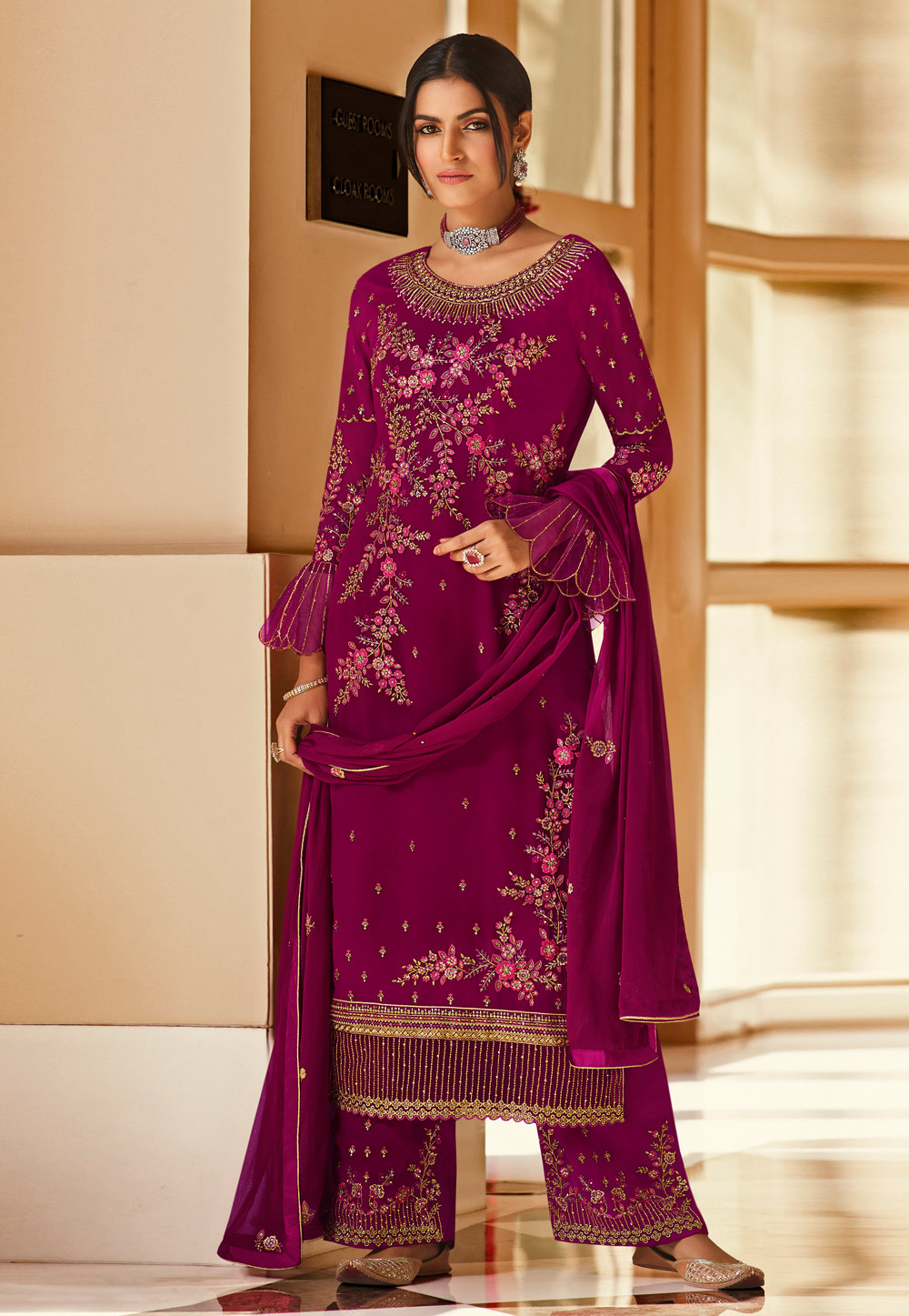 Magenta georgette palazzo suit with frill sleeve 522
