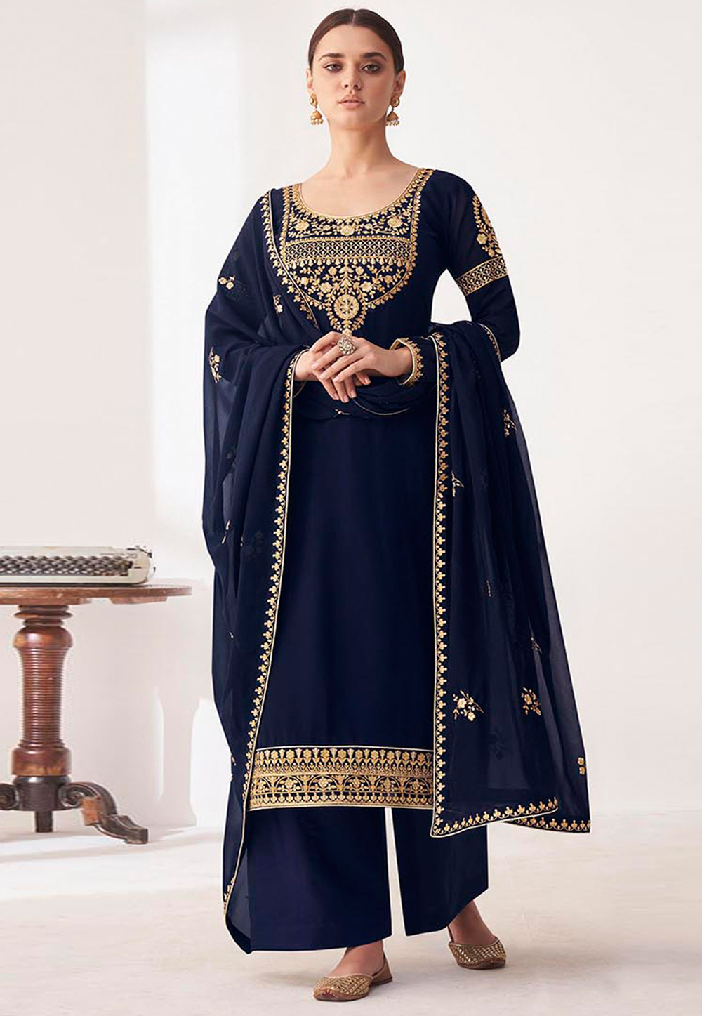 Navy blue georgette palazzo suit 8391