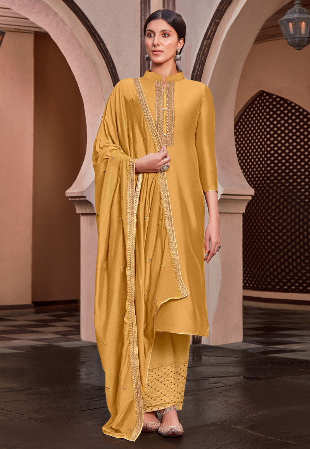 Mustard Yellow & Pink Embroidered Kurta with Trousers & Dupatta – Varanga