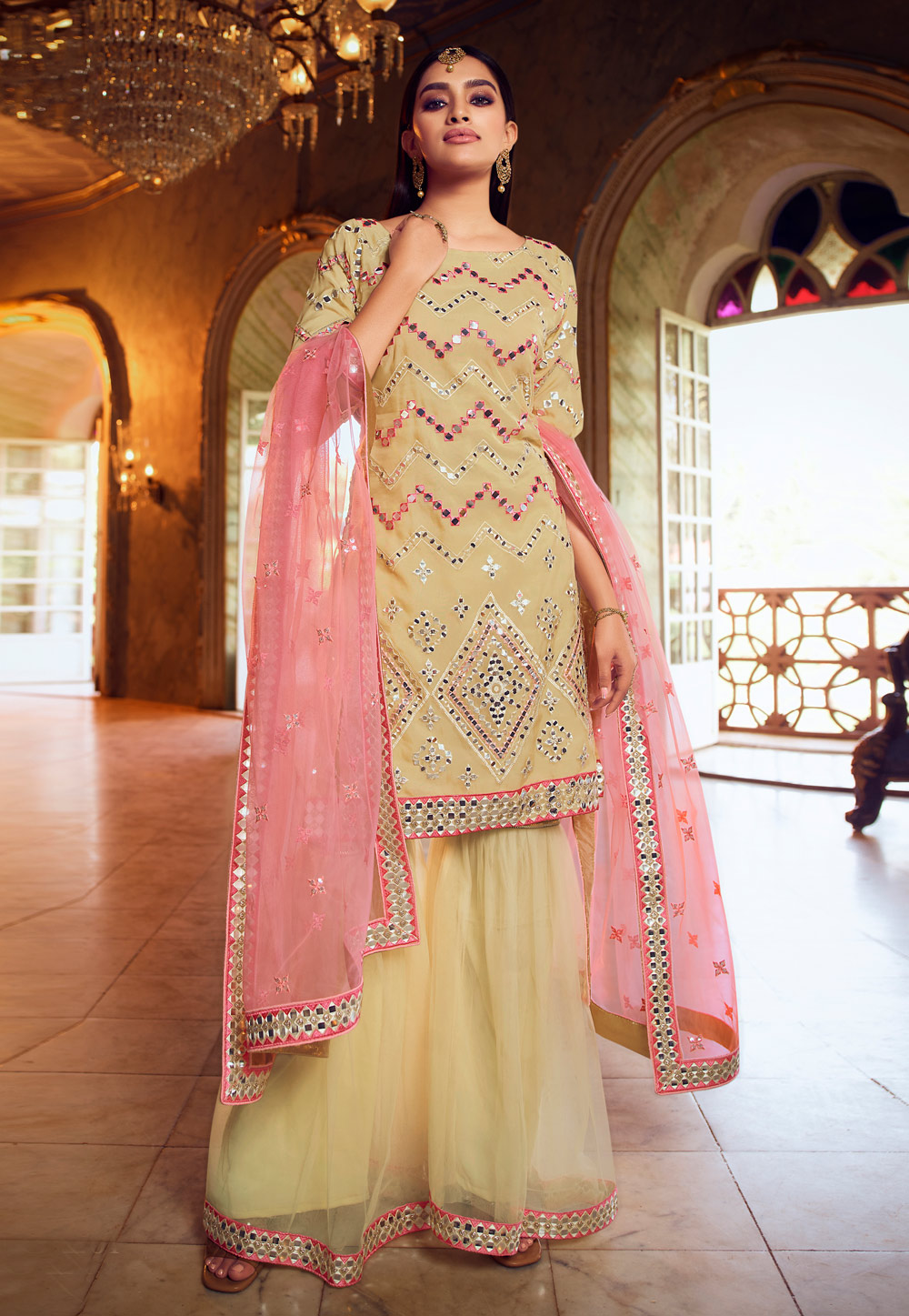 Sharara Suits : Yellow georgette print and embroidered sharara ...