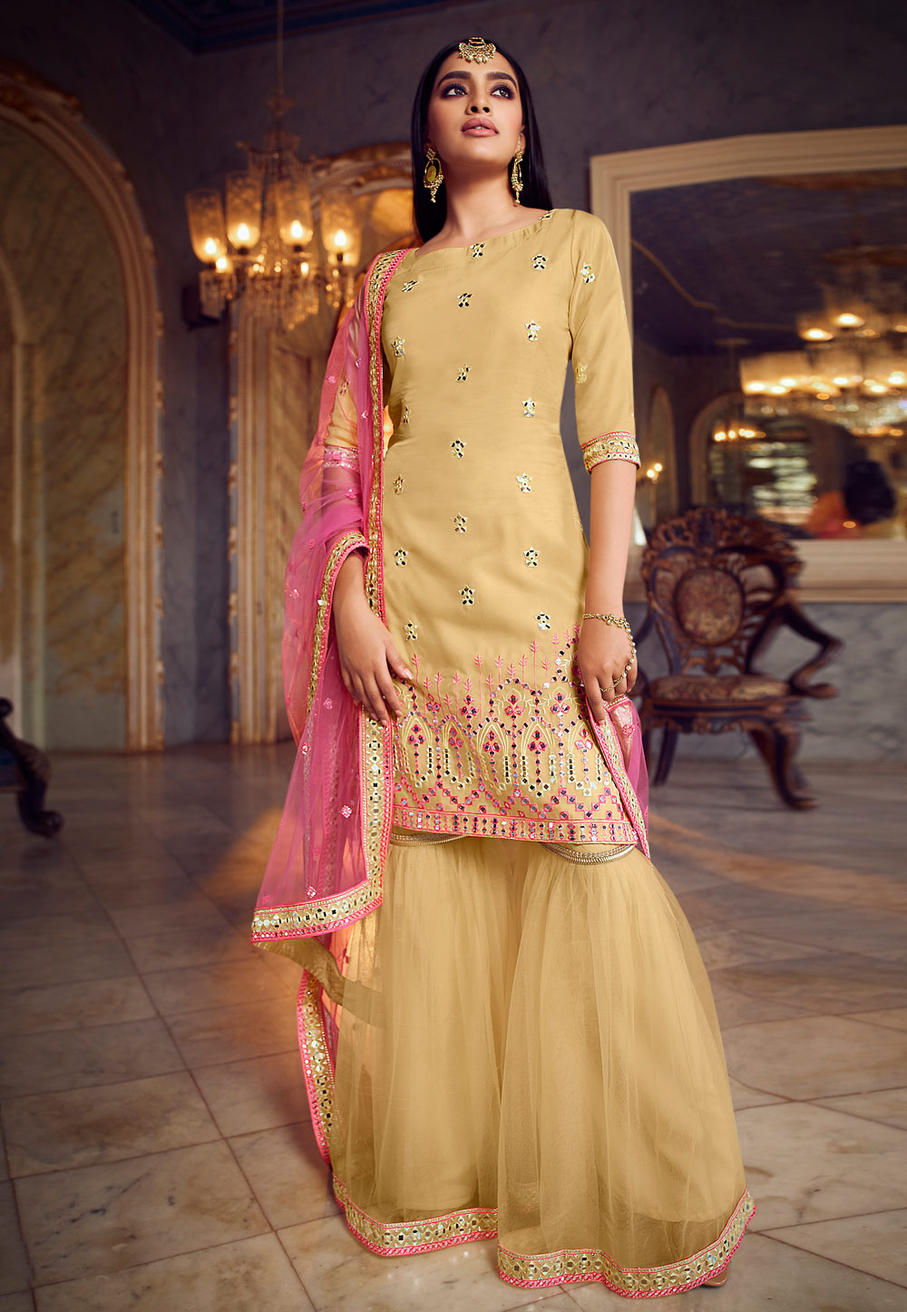 Indian Clothing - Yellow Traditional Multi Embroidered Georgette Sharara  Suit