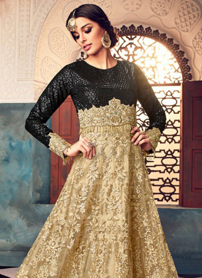 Buy Beige and black color net party wear anarkali suit in UK, USA and ...