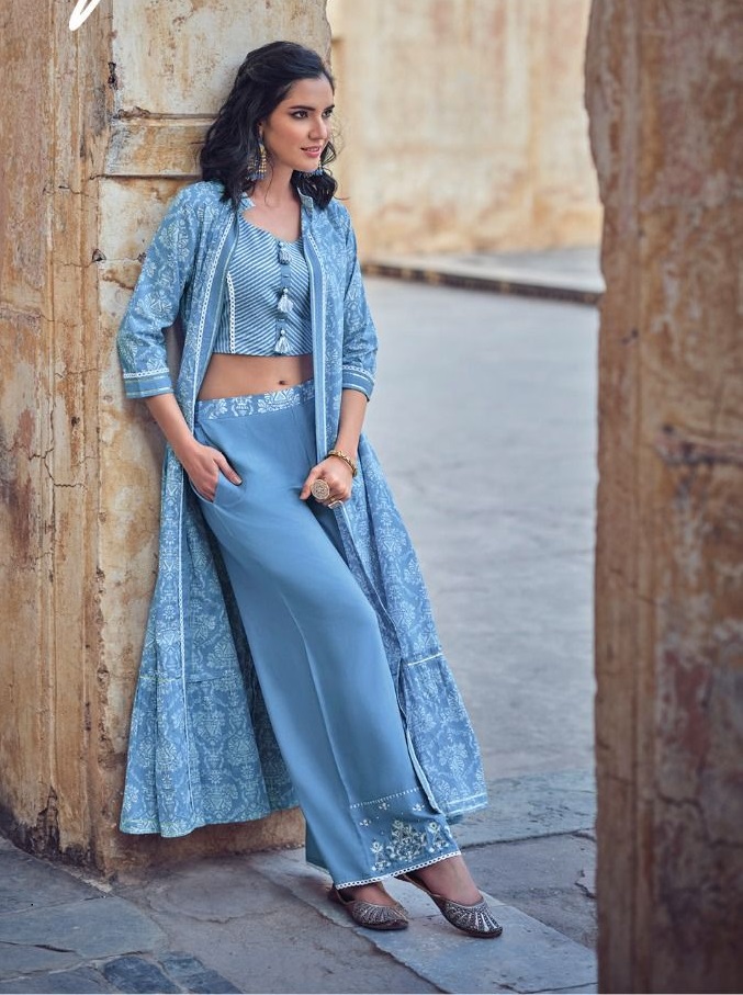 BLUE CROP TOP PALAZZO SET WITH SHRUG