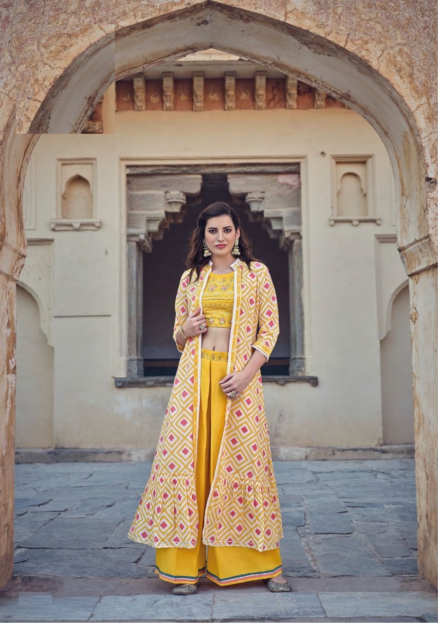 Yellow crop top shrug palazzo dress 11001