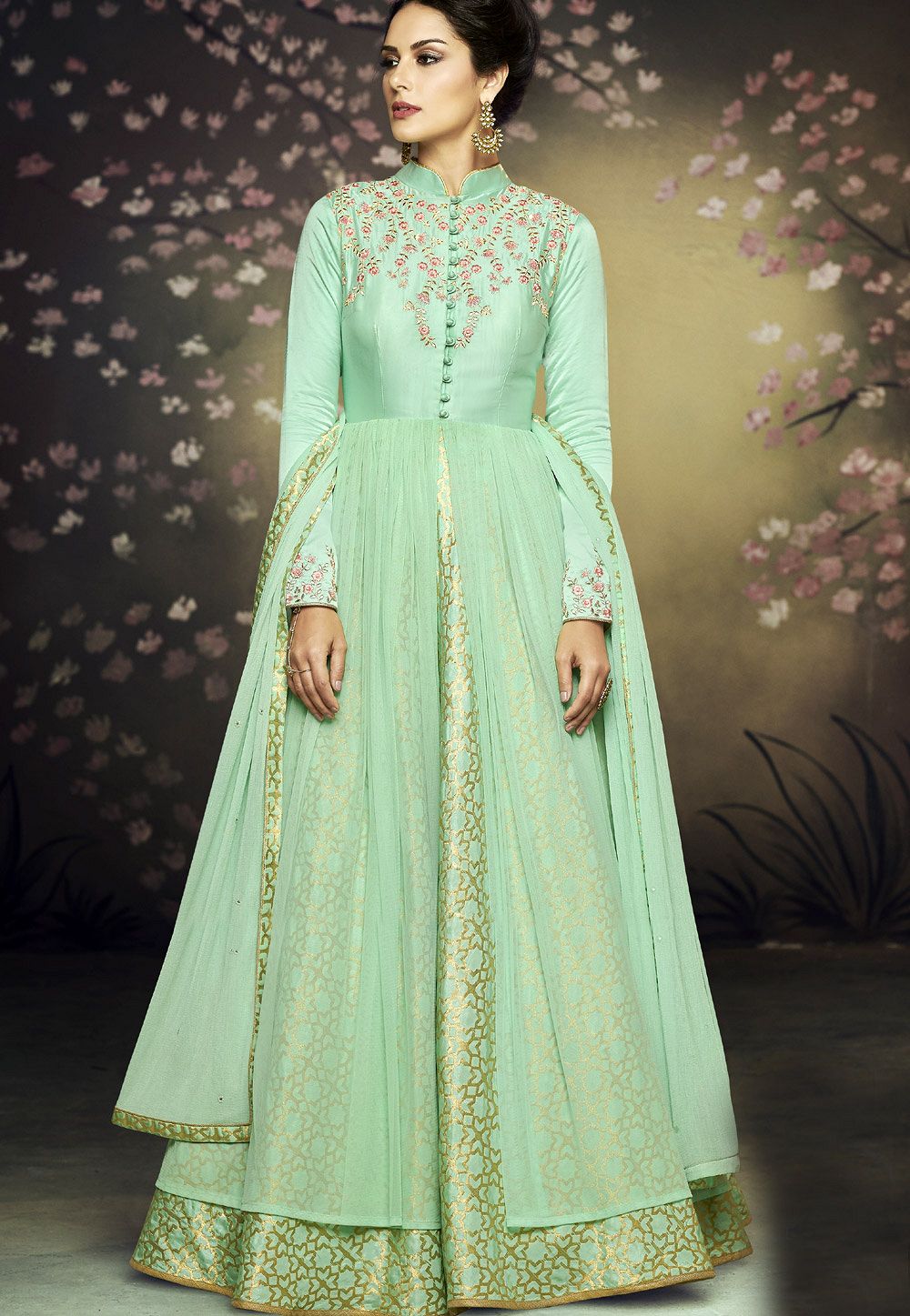 sea green net gown style embroidered ...