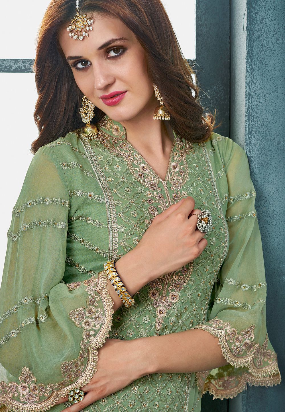 green grey georgette embroidered palazzo style suit 803