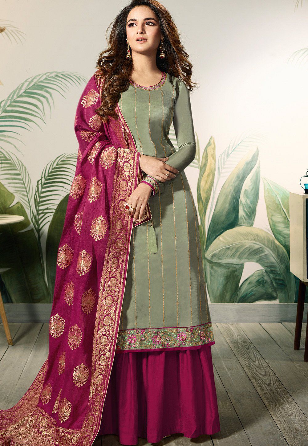 green pink satin silk sharara style pakistani suit 12001