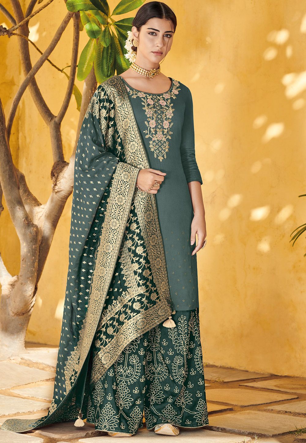 grey elegant silk embroidered palazzo style pakistani suit 701