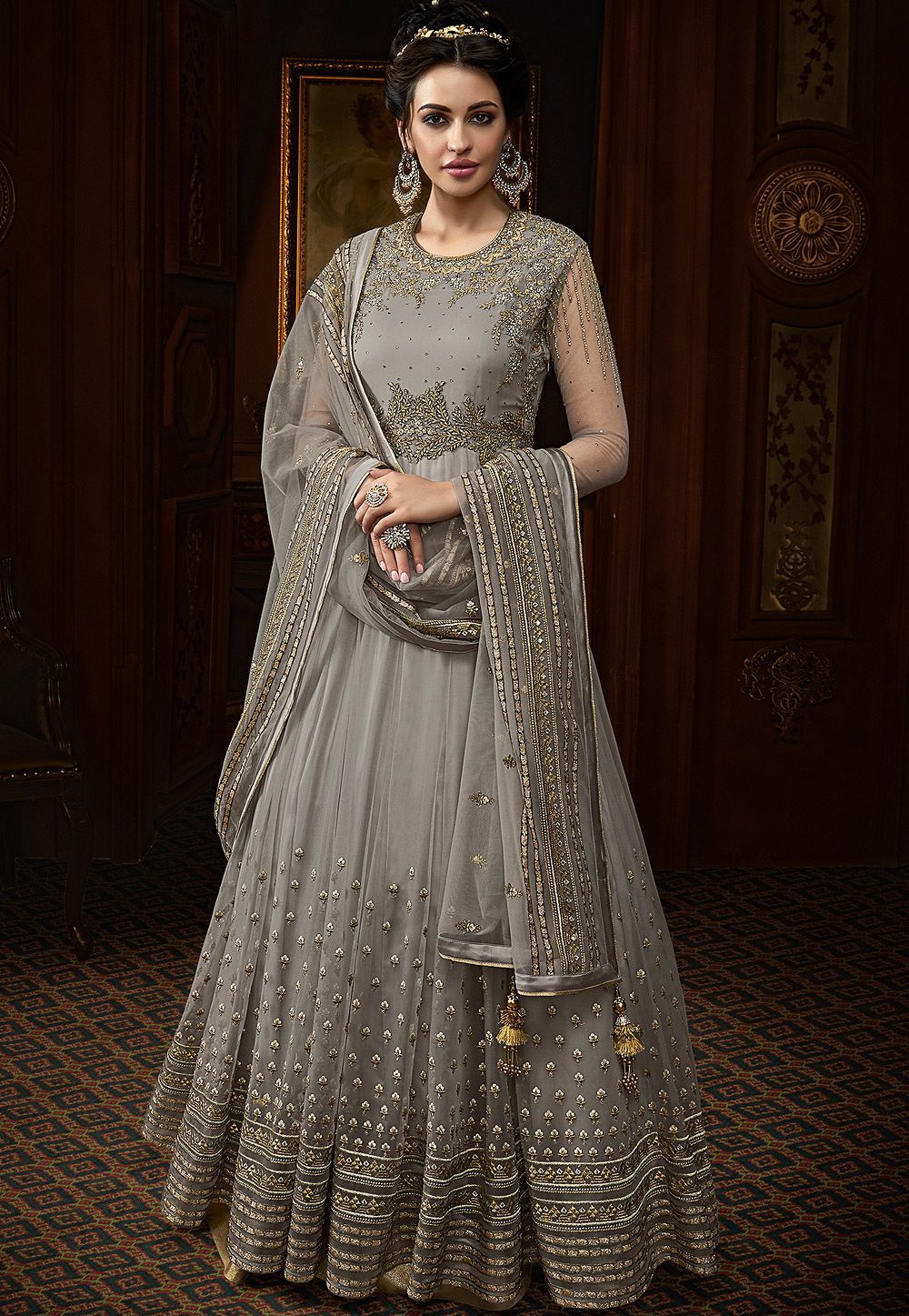 grey net embroidered floor length anarkali suit 15004