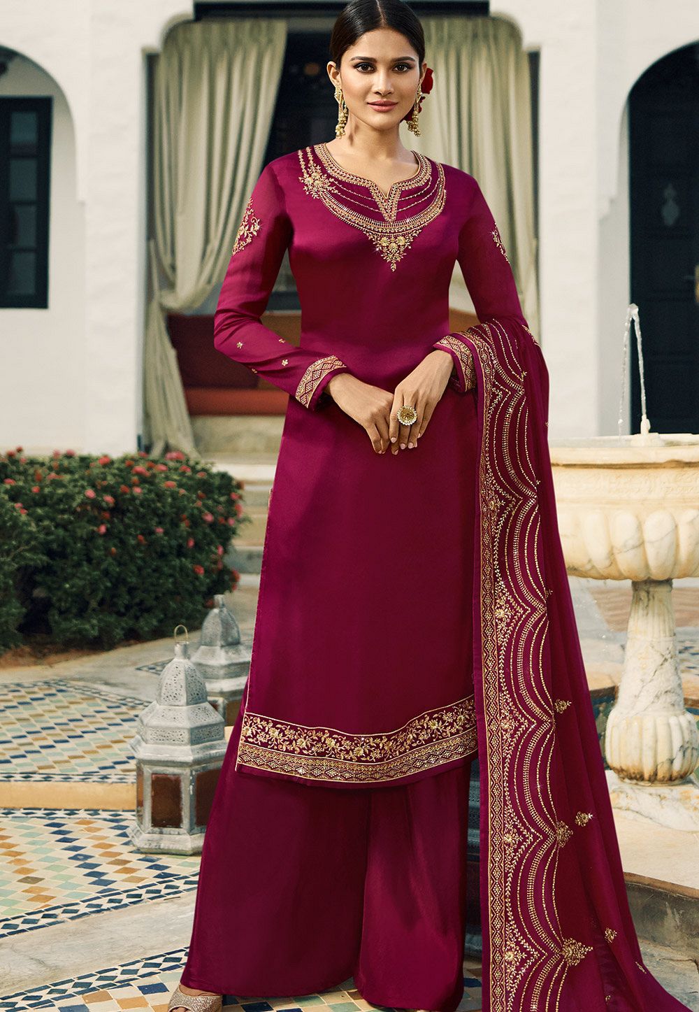 magenta satin georgette embroidered palazzo style pakistani suit 16208
