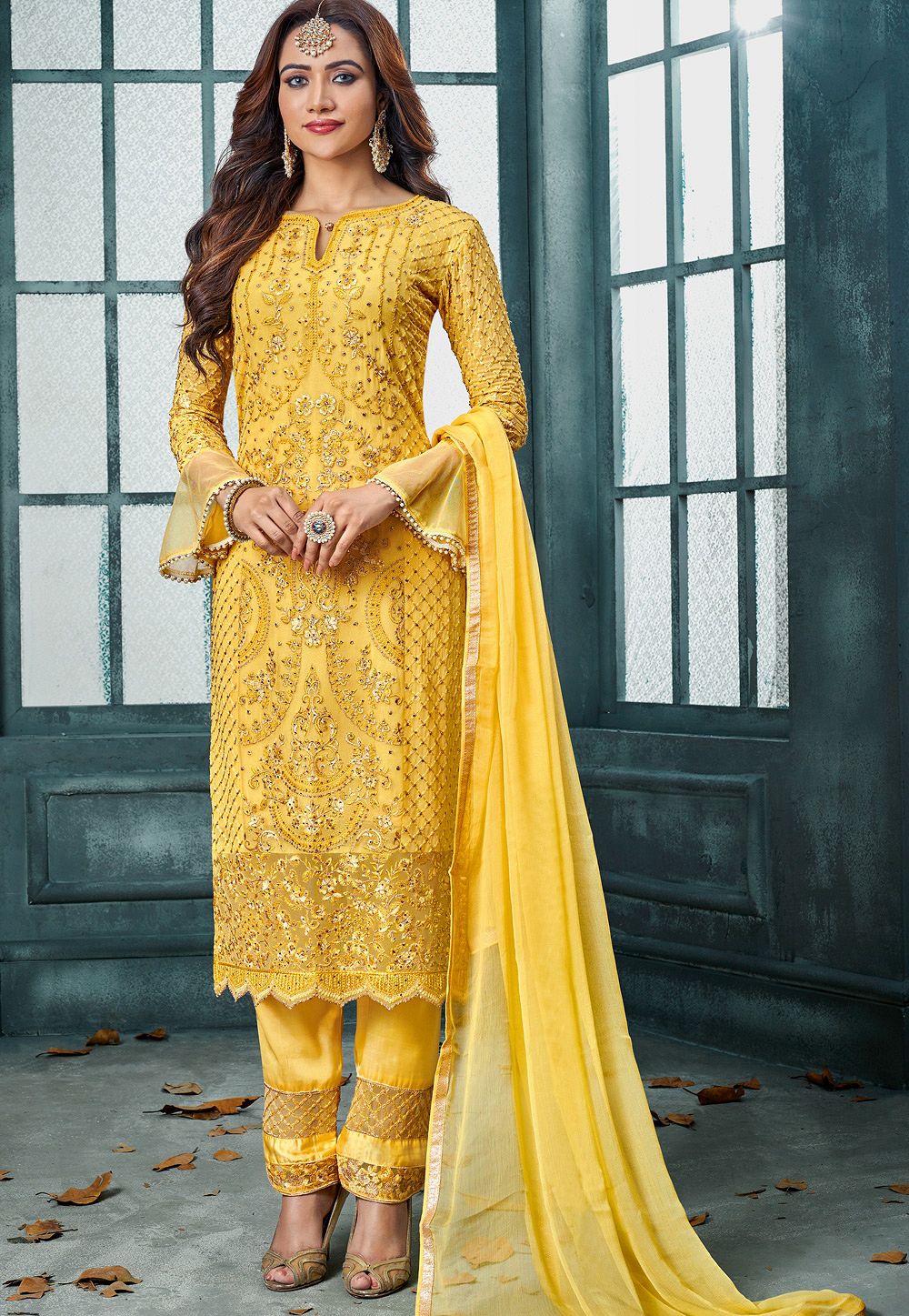 yellow georgette embroidered straight trouser suit 802