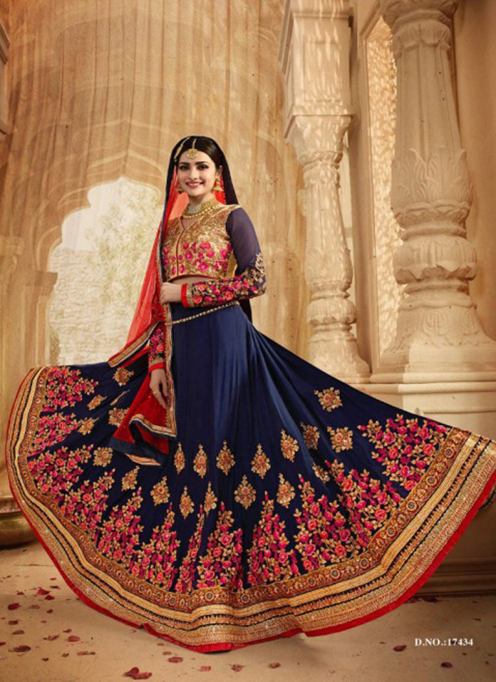 blue red bridal lehenga