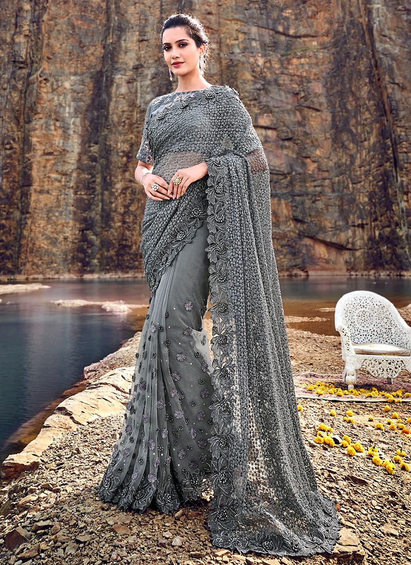 Grey net heavy moti work wedding saree ...