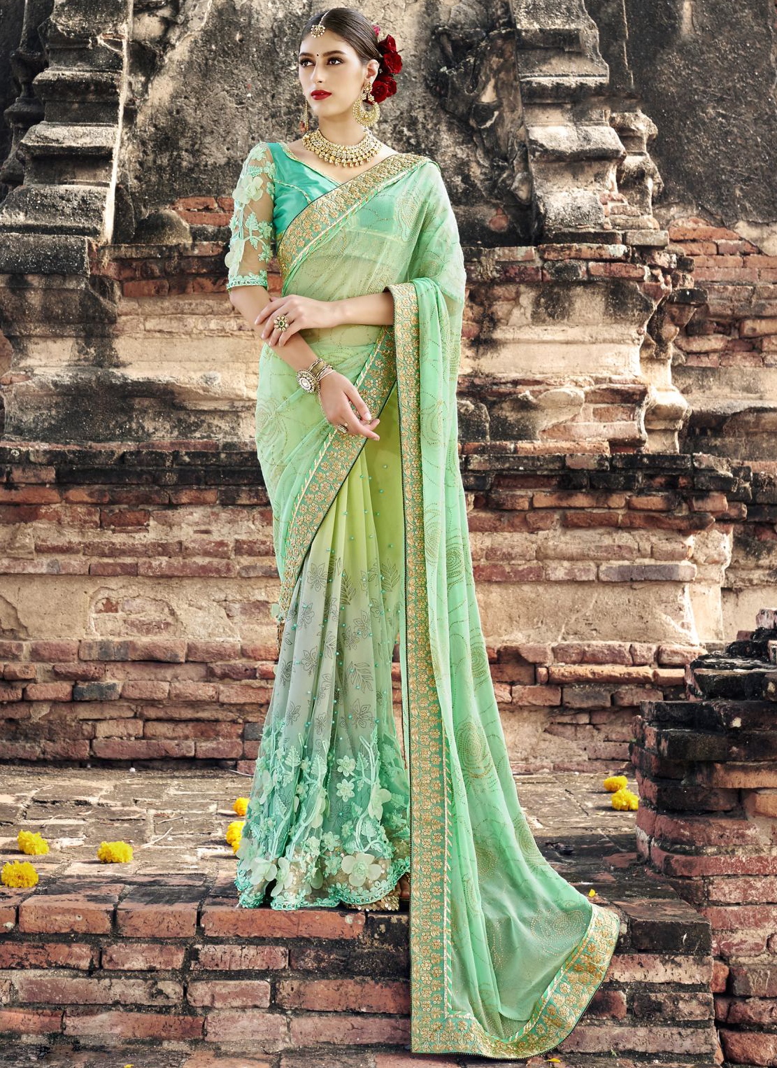 Buy Shaded green wedding wear saree in UK, USA and Canada