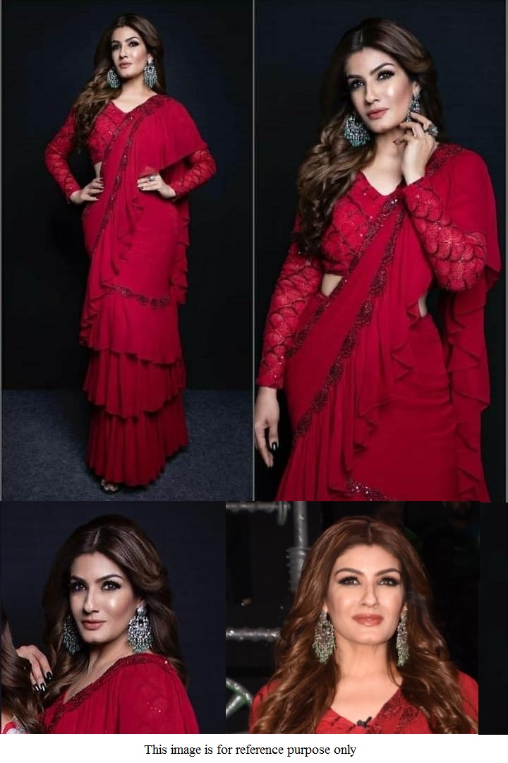 Buy Bollywood Raveena Tandon red georgette ruffle saree in UK, USA and Canada