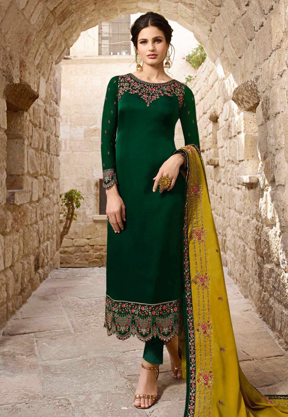 Green satin pant style suit 18074