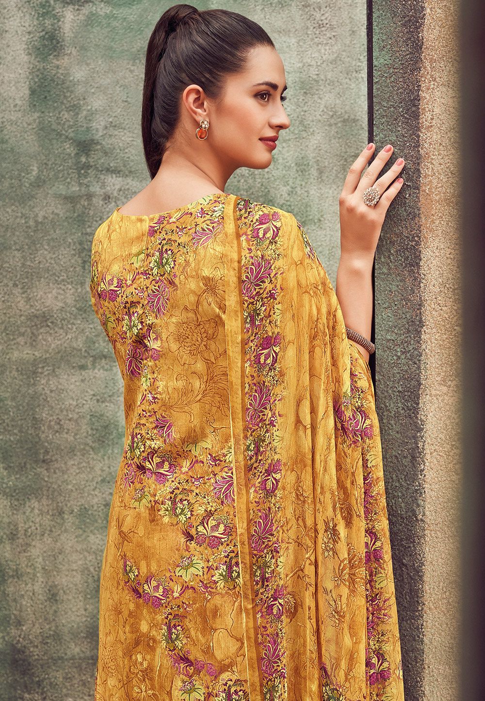 mustard cotton satin embroidered daman work and digital printed palazzo ...