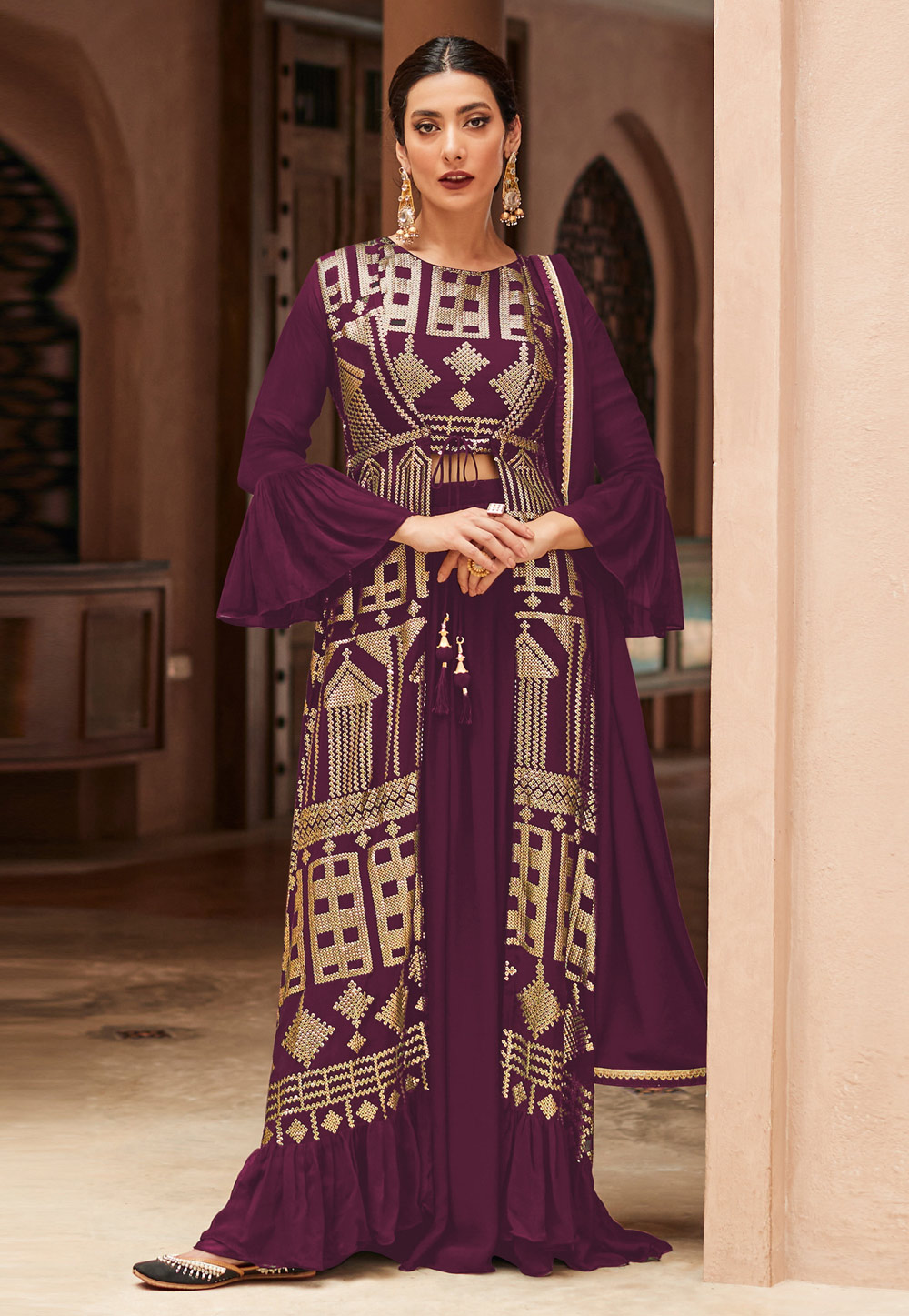 Faux georgette jacket style suit in Purple colour 9441B