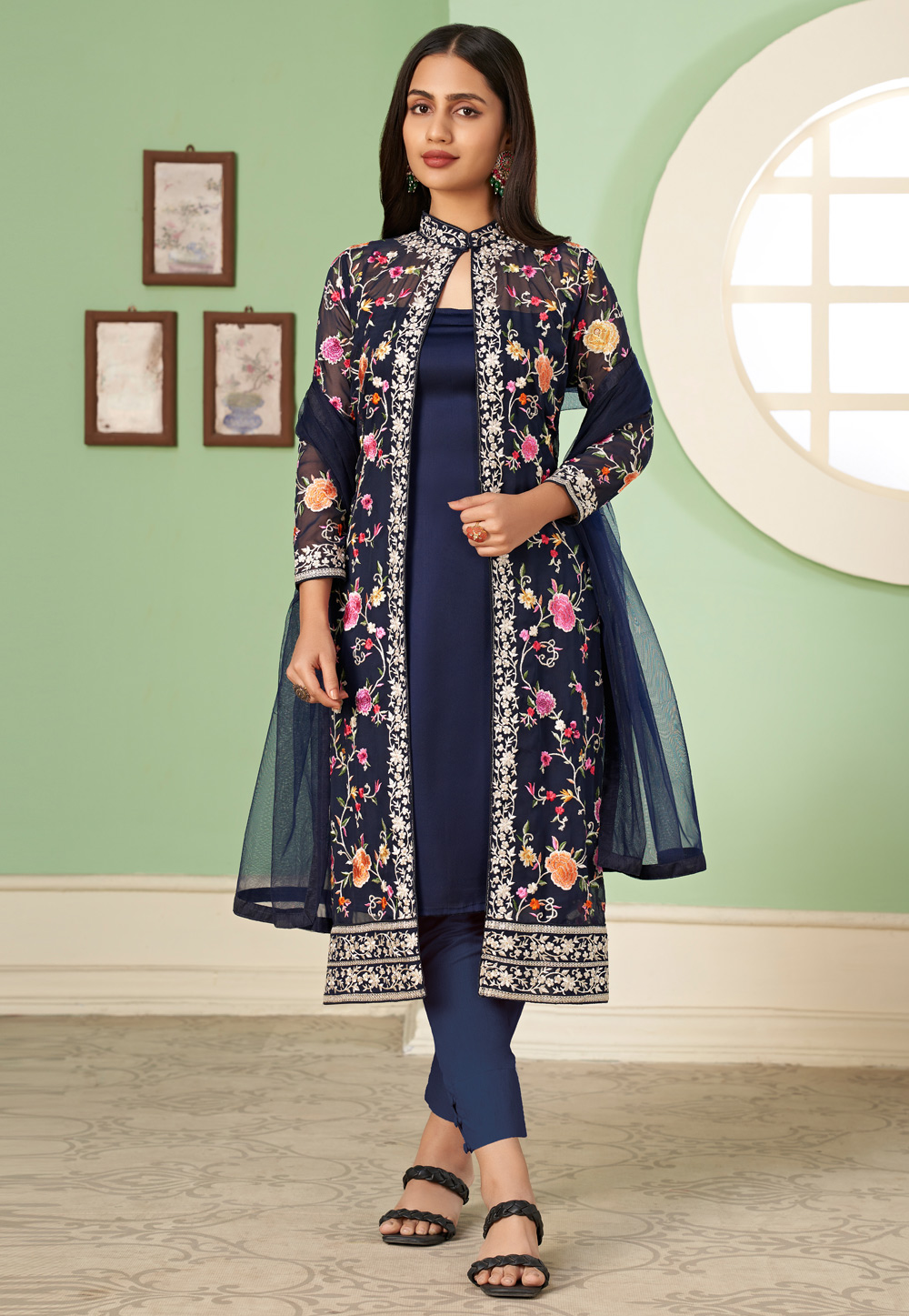 Blue Jacket Style Pant Suit With Dori Embroidery Latest 4590SL03