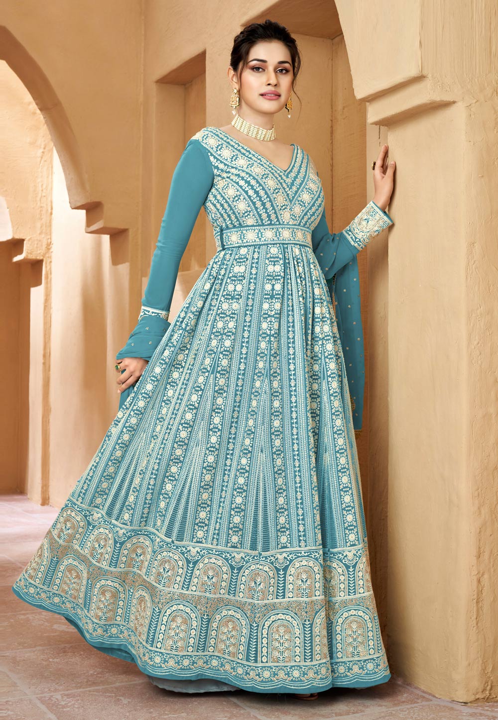 Buy Online Aqua Blue Ceremonial Anarkali Salwar Kameez : 270313 -