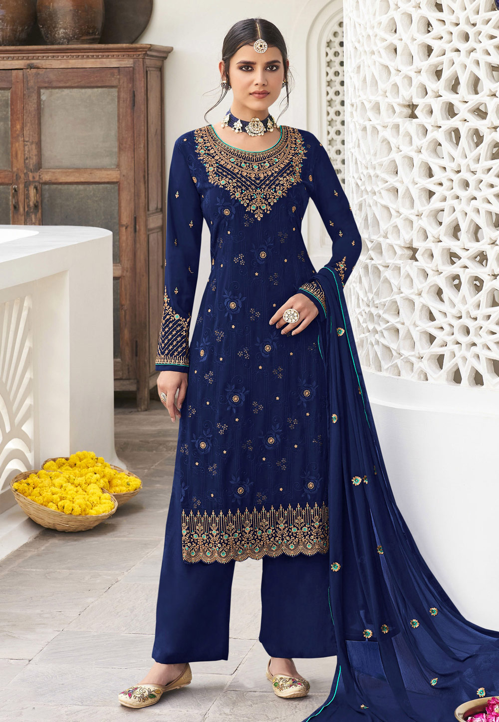 Navy Blue Faux Georgette Pakistani Suit 269322