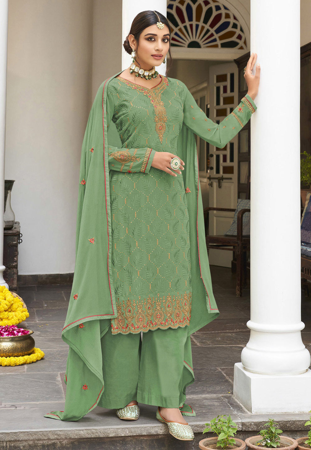 Printed Pista Green Chanderi Sharara Suit Set at Rs 1030/set in Jaipur |  ID: 2849822189312