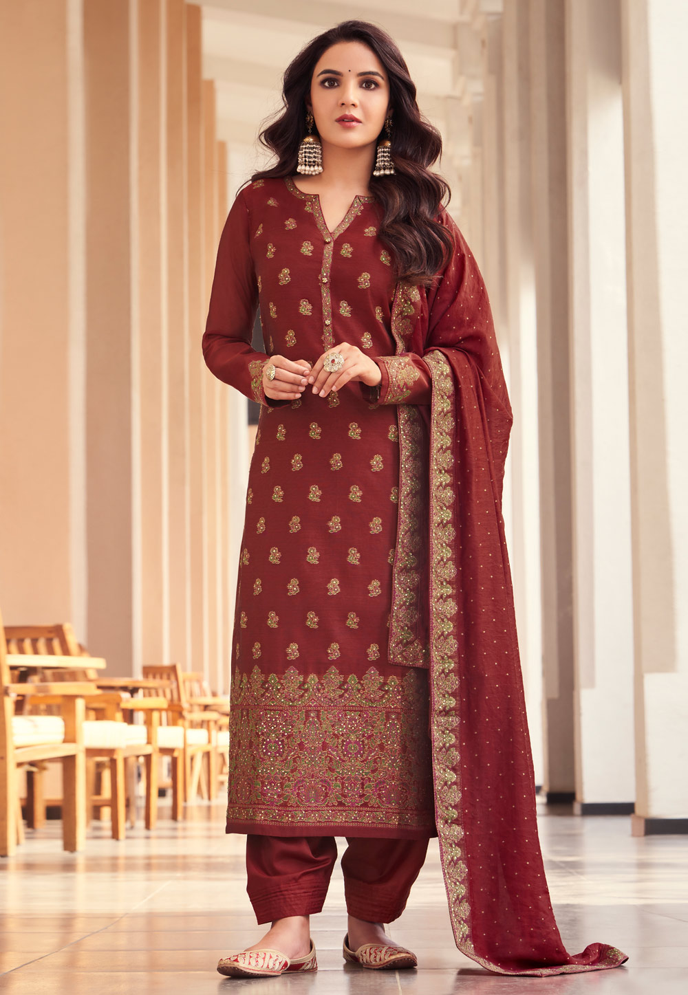 Jacquard pant style suit in Maroon colour 17021