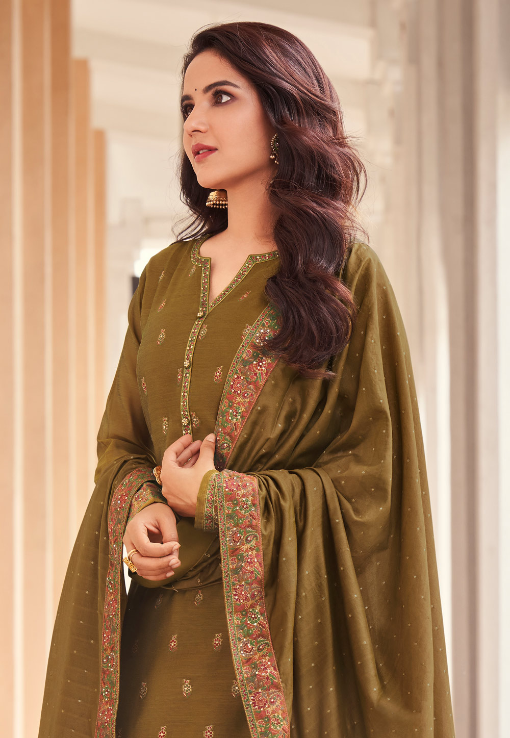 Ladies Mehndi Semi Stitched Georgette Suit With Printed Dupatta