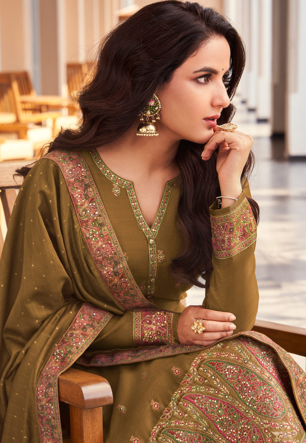 Jacquard pant style suit in Mehndi colour 17023