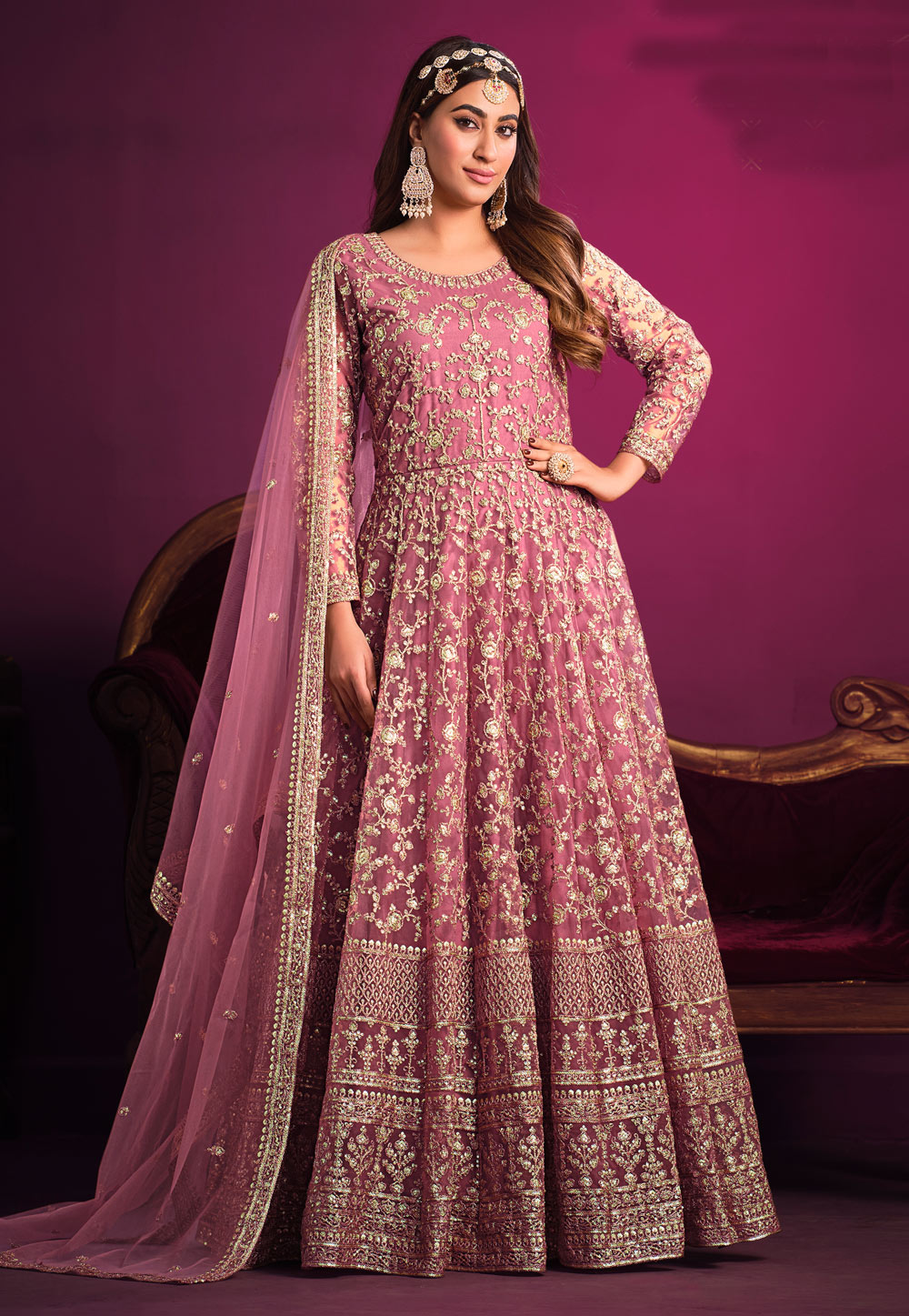 Cherry Pink Floral Anarkali Suit Set