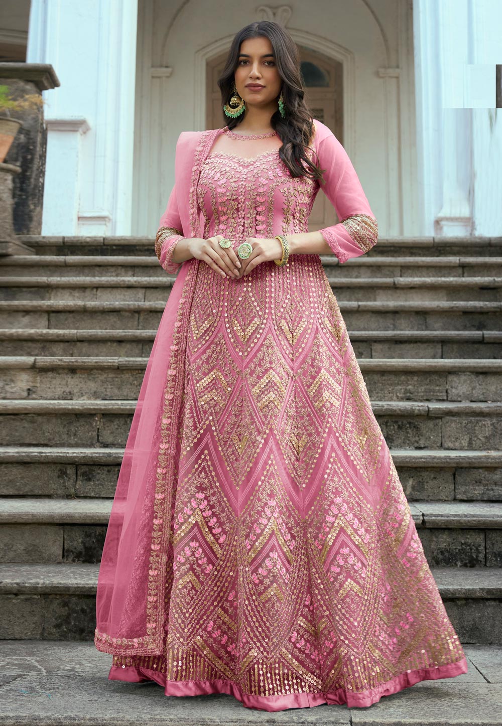 Flowing Rani Pink Round Neck Plain Georgette Anarkali Suit – FOURMATCHING