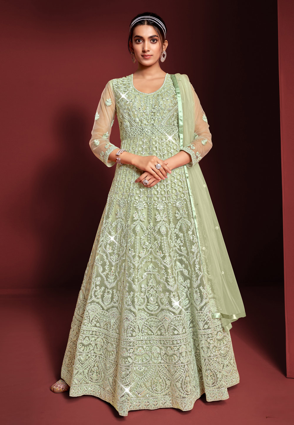 Pista Color Party Wear Long Gown :: ANOKHI FASHION