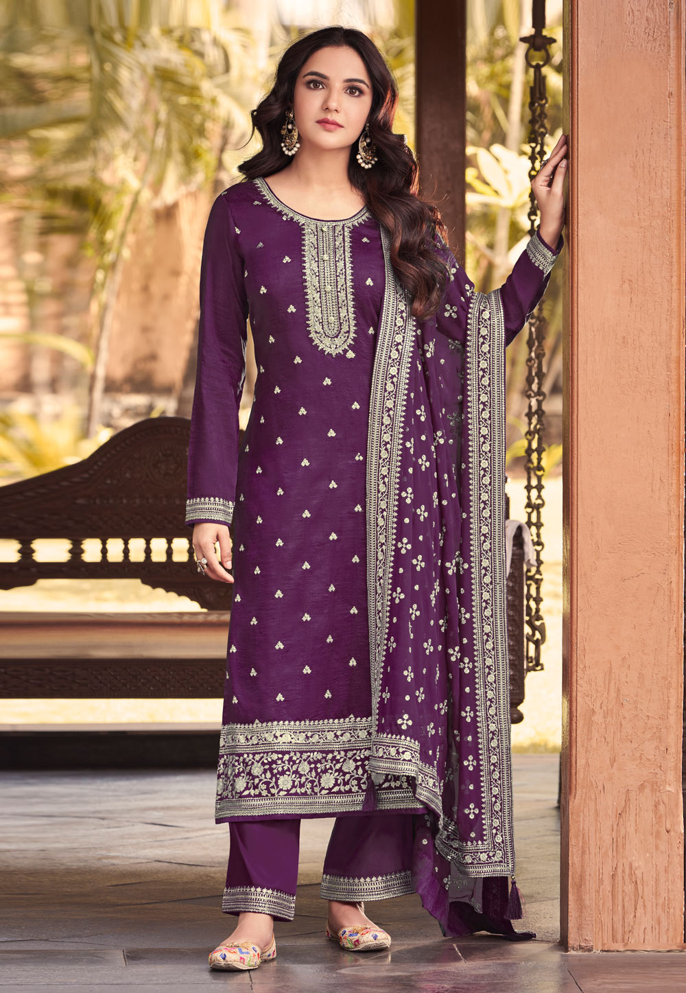 Buy Women Pink Chanderi Cotton Partywear Palazzo Suit -Buy at Inddus.com.