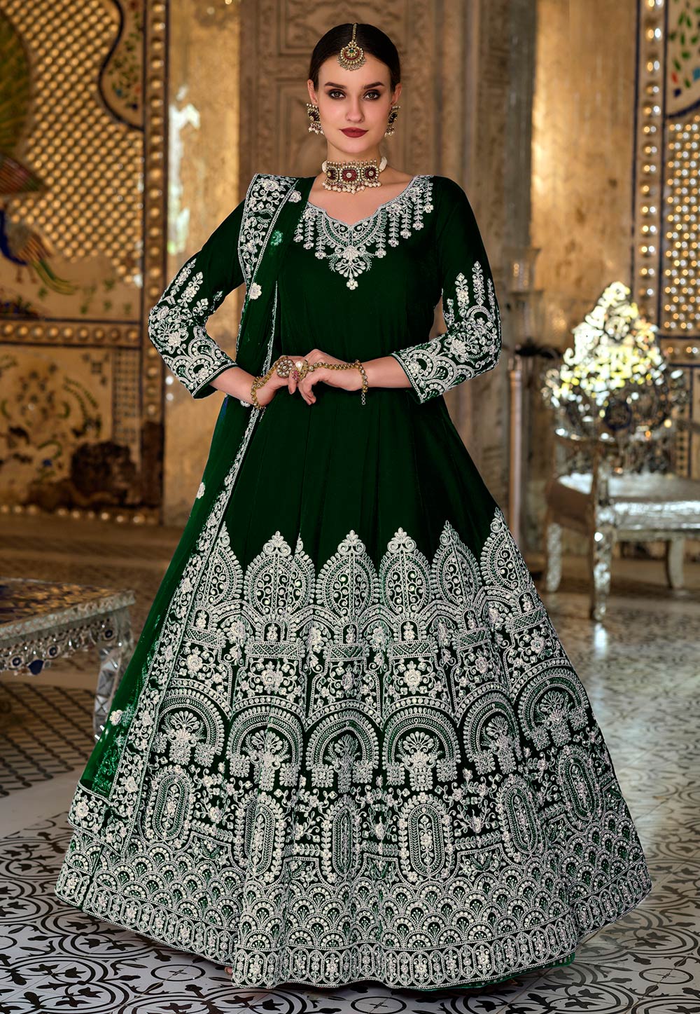 Cotton Silk Dark Green Anarkali Suit Set | Green anarkali suits, Green  anarkali, Simple anarkali suits