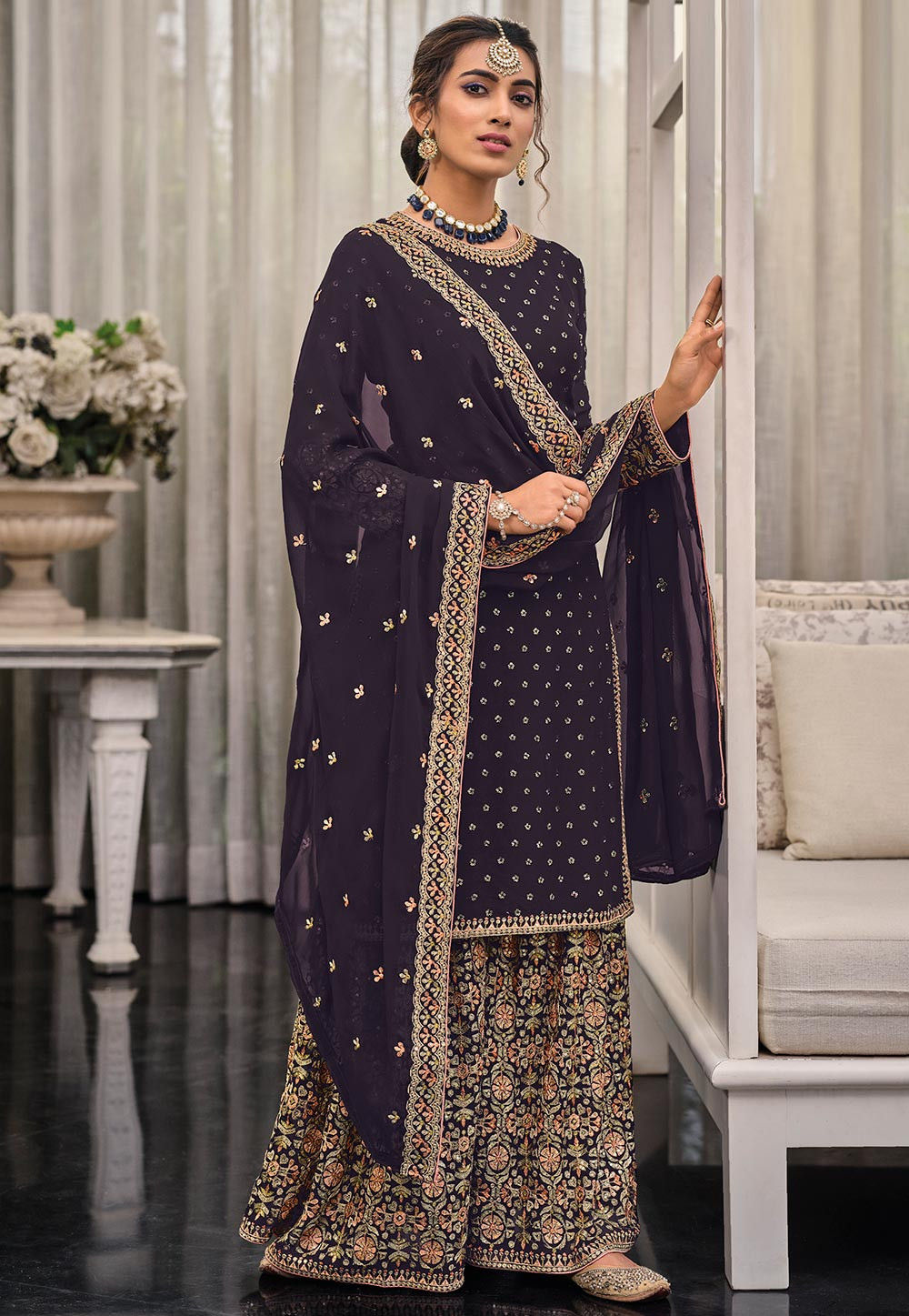 Georgette Fabric Reception Wear Embroidered Readymade Designer Sharara  Style Palazzo Suit In Purple Color