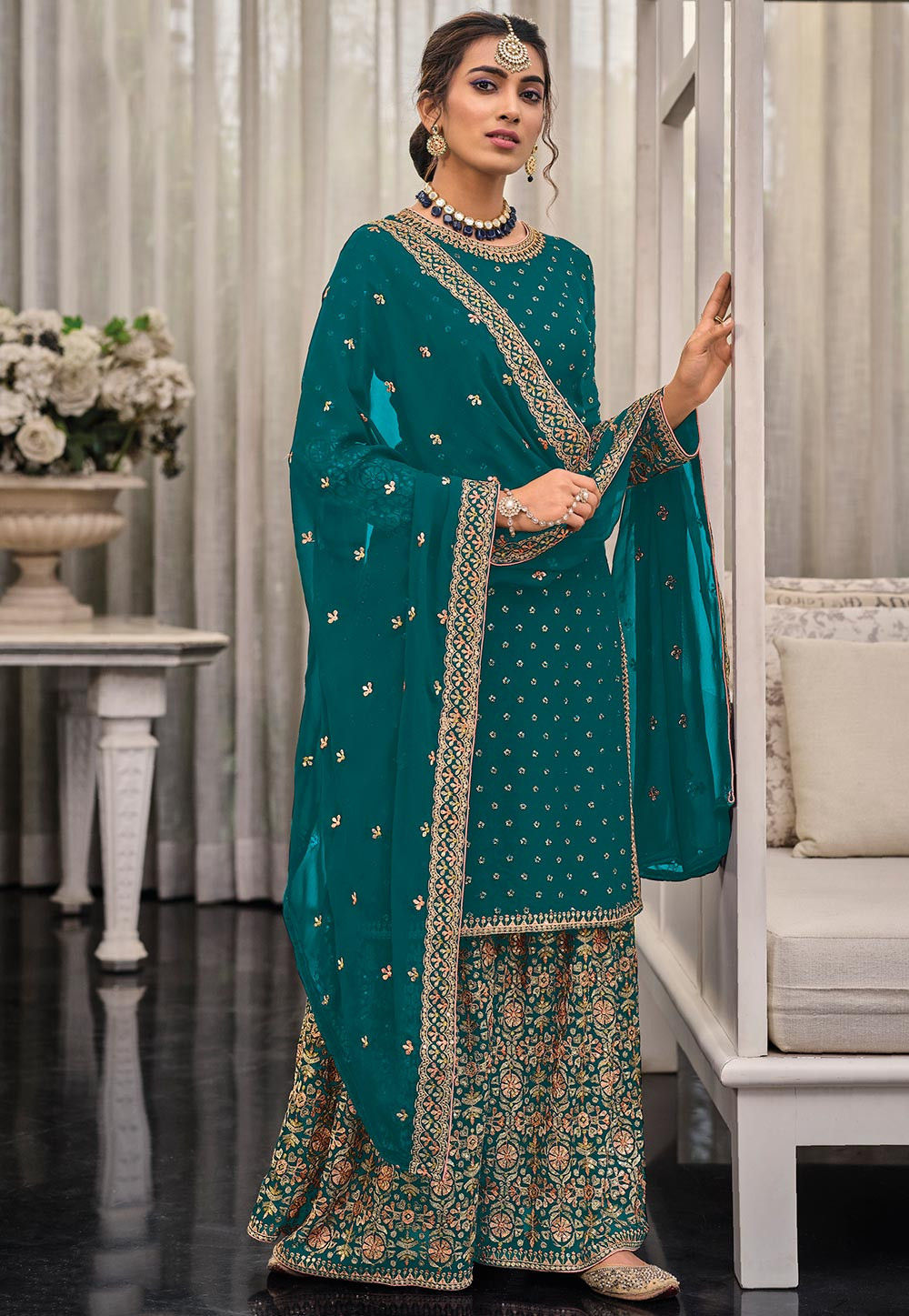 Buy Teal Blue Embroidered Jam Cotton Print Designer Palazzo Salwar Suit |  Palazzo Salwar Suits