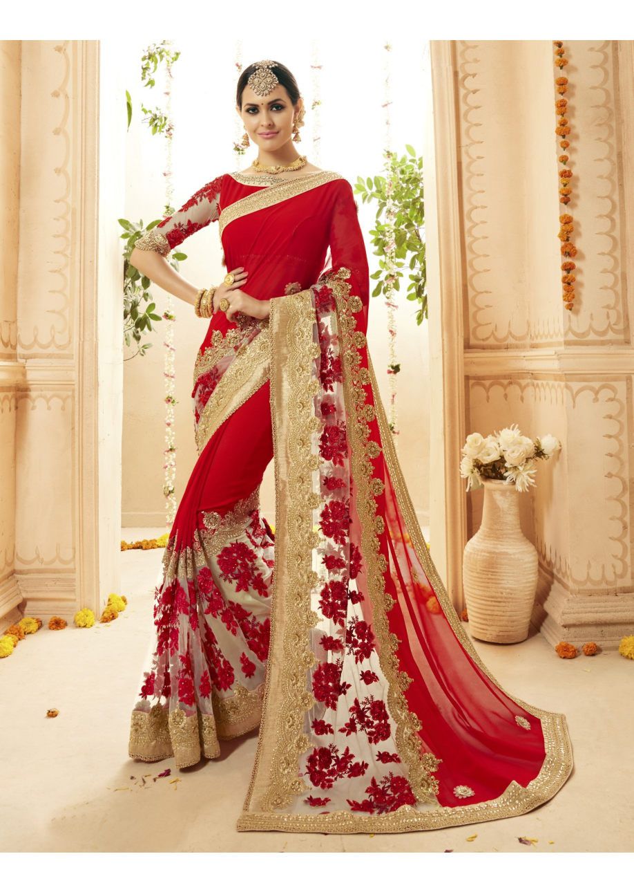 Red Georgette Net Embroidered Bridal Indian Wedding Saree 1115 