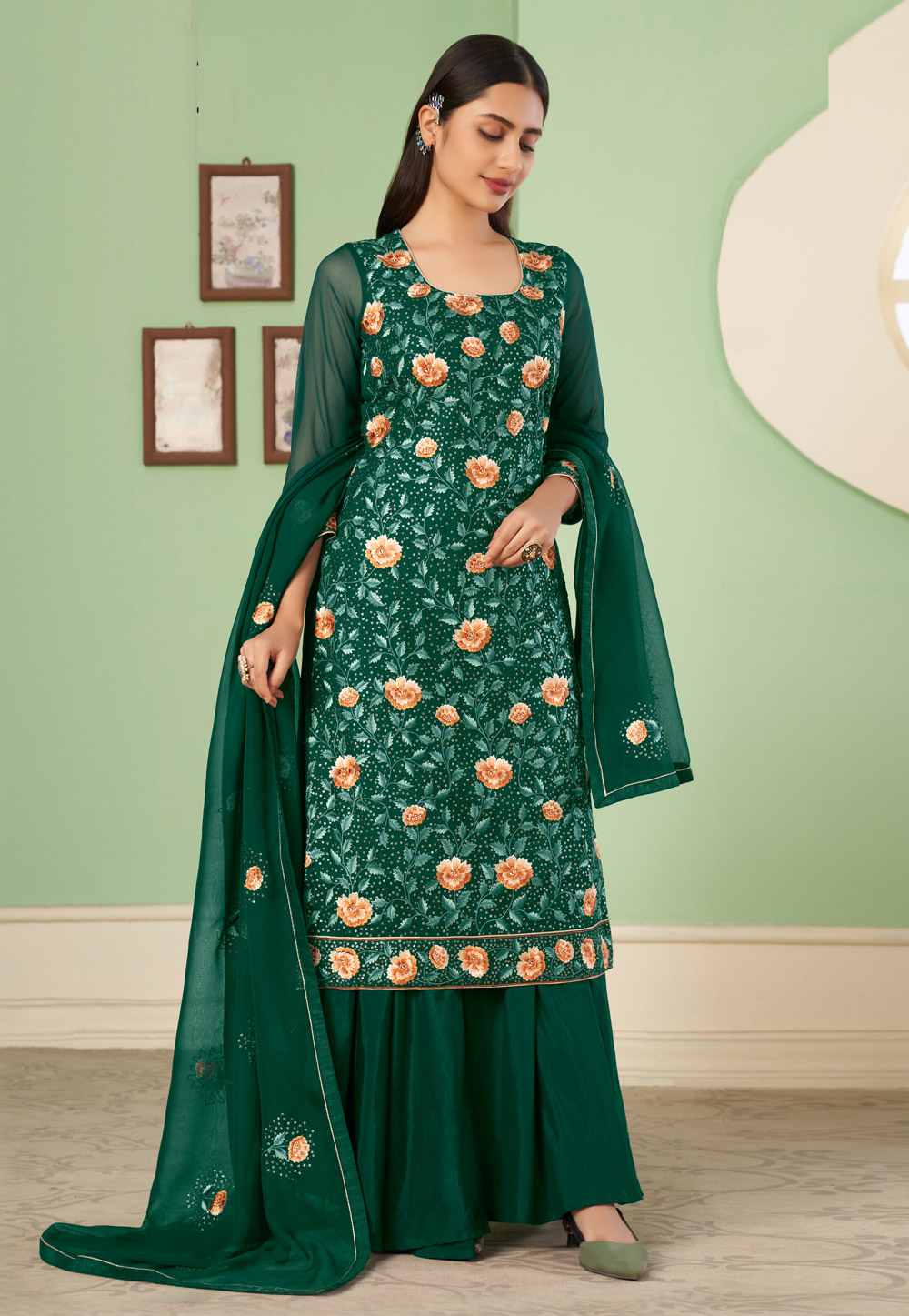 Green georgette pakistani suit 2048C