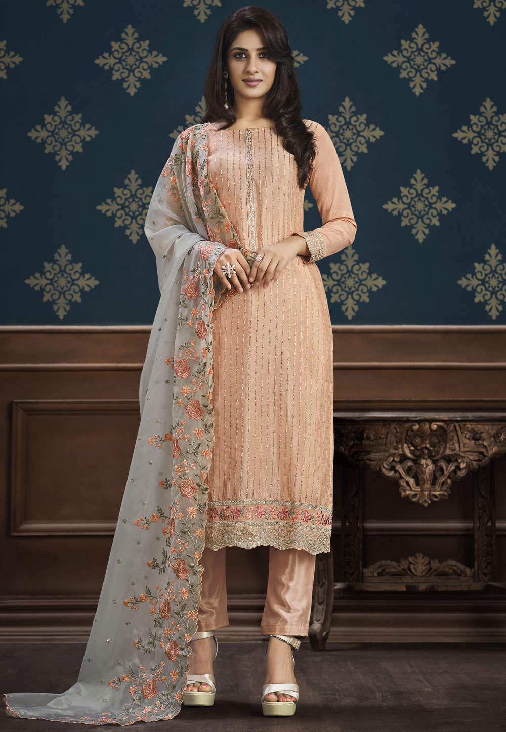 Pure Dola Silk Party Wear Suit in Peach Color with Embroidery Work - Party  Wear Salwar Suit - Suits & Sharara