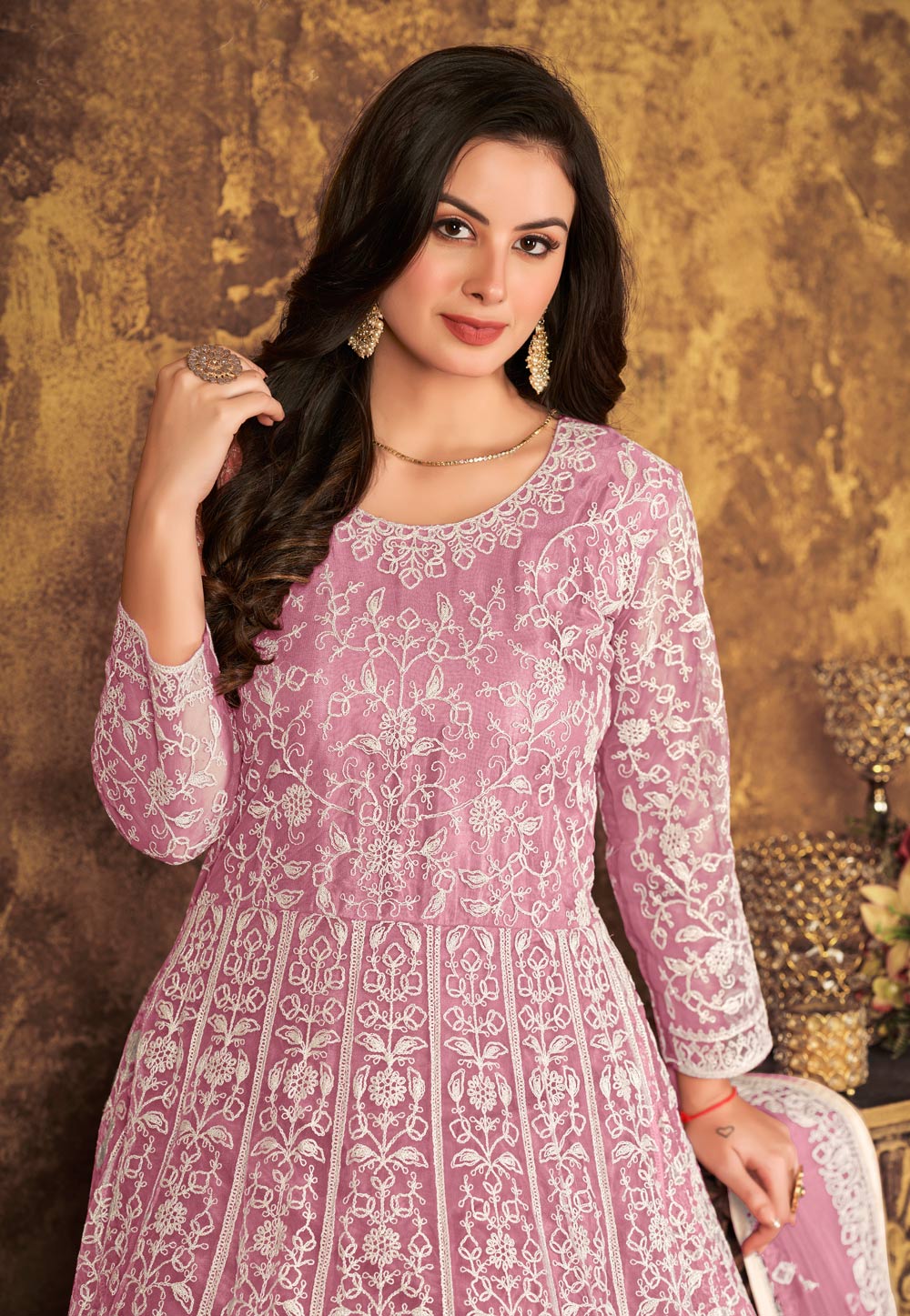 Pink net abaya style anarkali suit deals