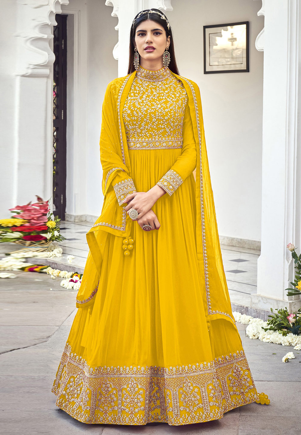 Bollywood Party Wear White Thread Work Georgette Yellow Salwar Suit –  Cygnus Fashion