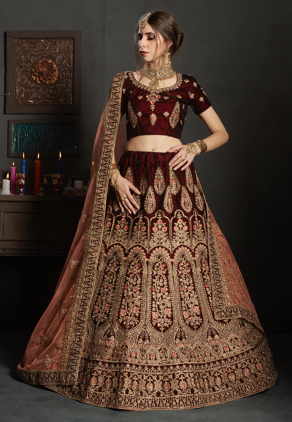 maroon velvet wedding lehenga