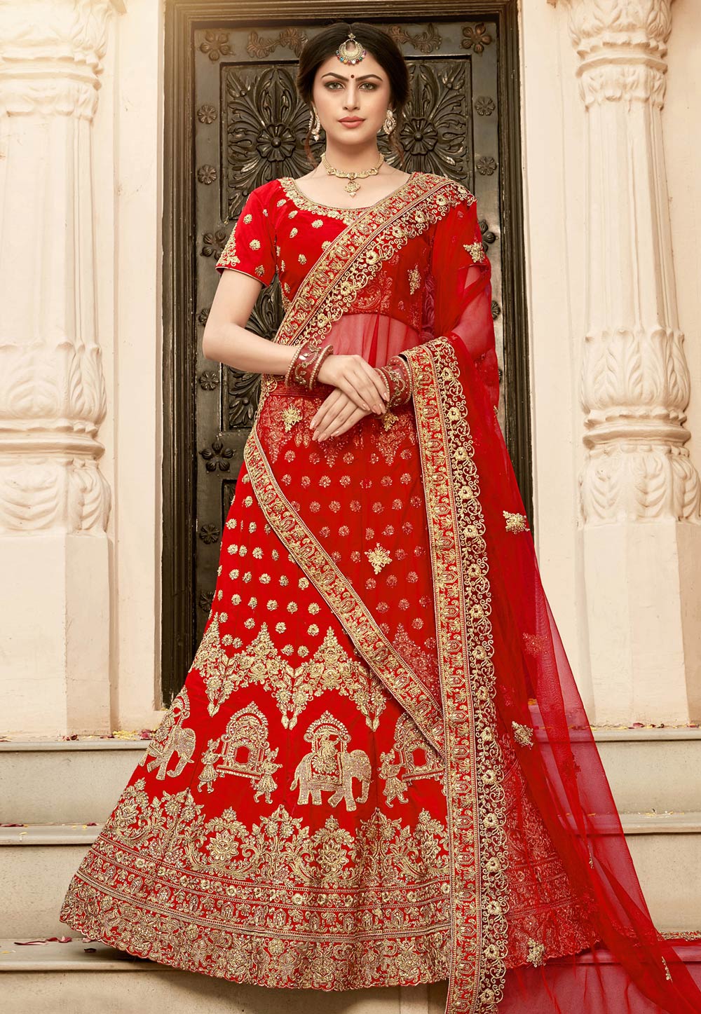 red silk embroidered bridal lehenga ...