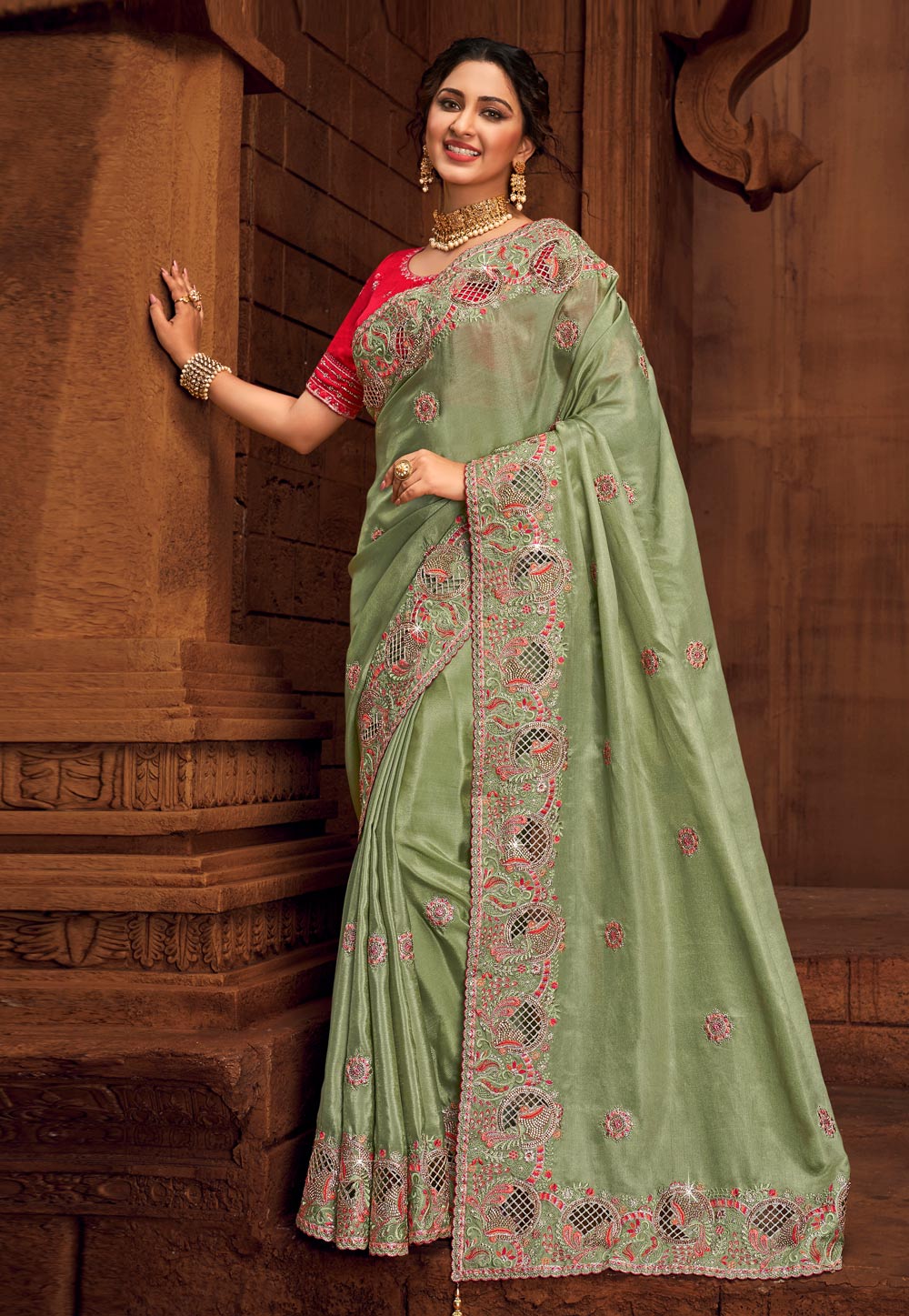 Light green saree shop with pink blouse