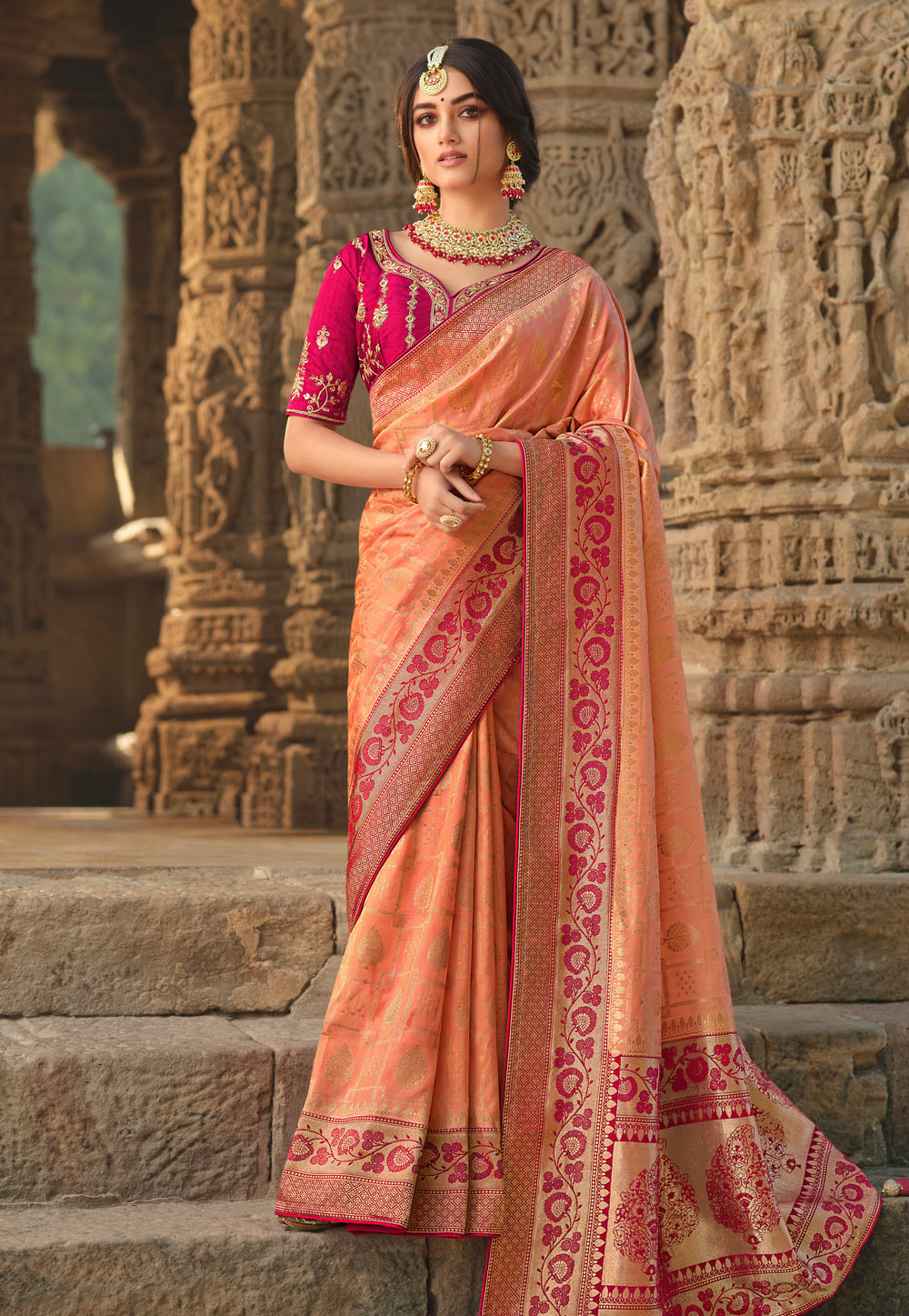 Buy HOUSE OF BEGUM Peach Women's Peach Katan Zari Work Saree with  Unstitched Printed Blouse | Shoppers Stop