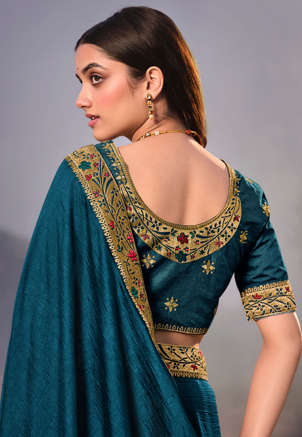 Teal silk festival wear saree 3902