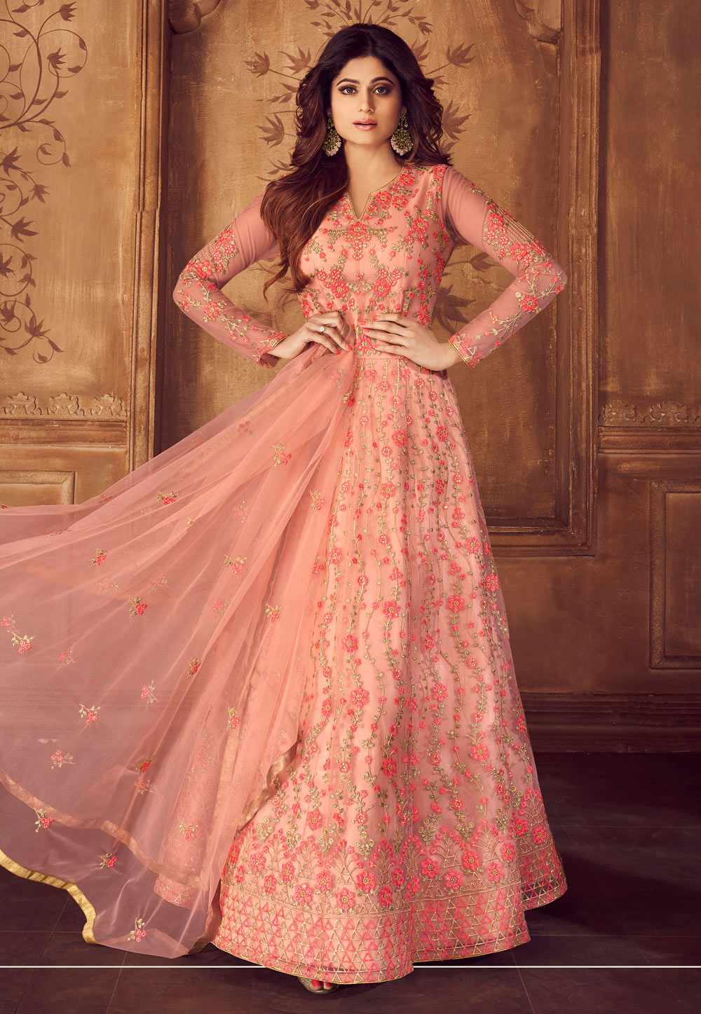Embroidered net abaya sales style suit in peach